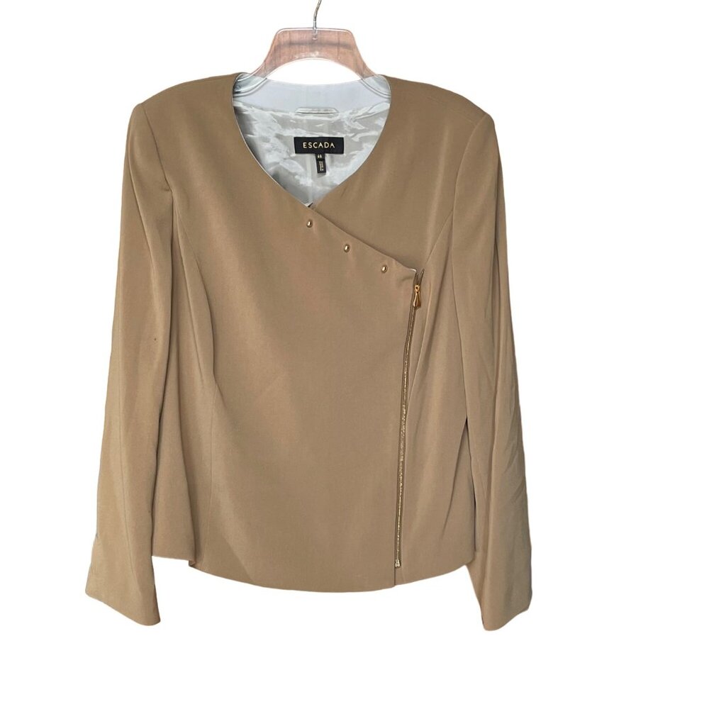 Escada Womens Solid Brown Asymmetric Gold‎ Zipper Blazer Jacket Size 46 XL READ